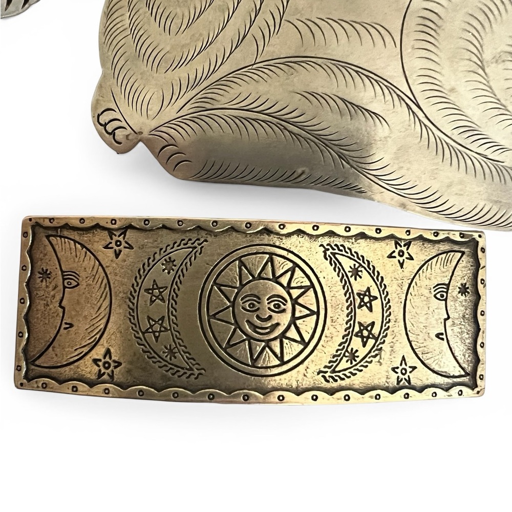 Vintage Hair Clips Lot Of 3 Barrette Etched Metal Cat FIsh Celestial folk art - Picture 2 of 13